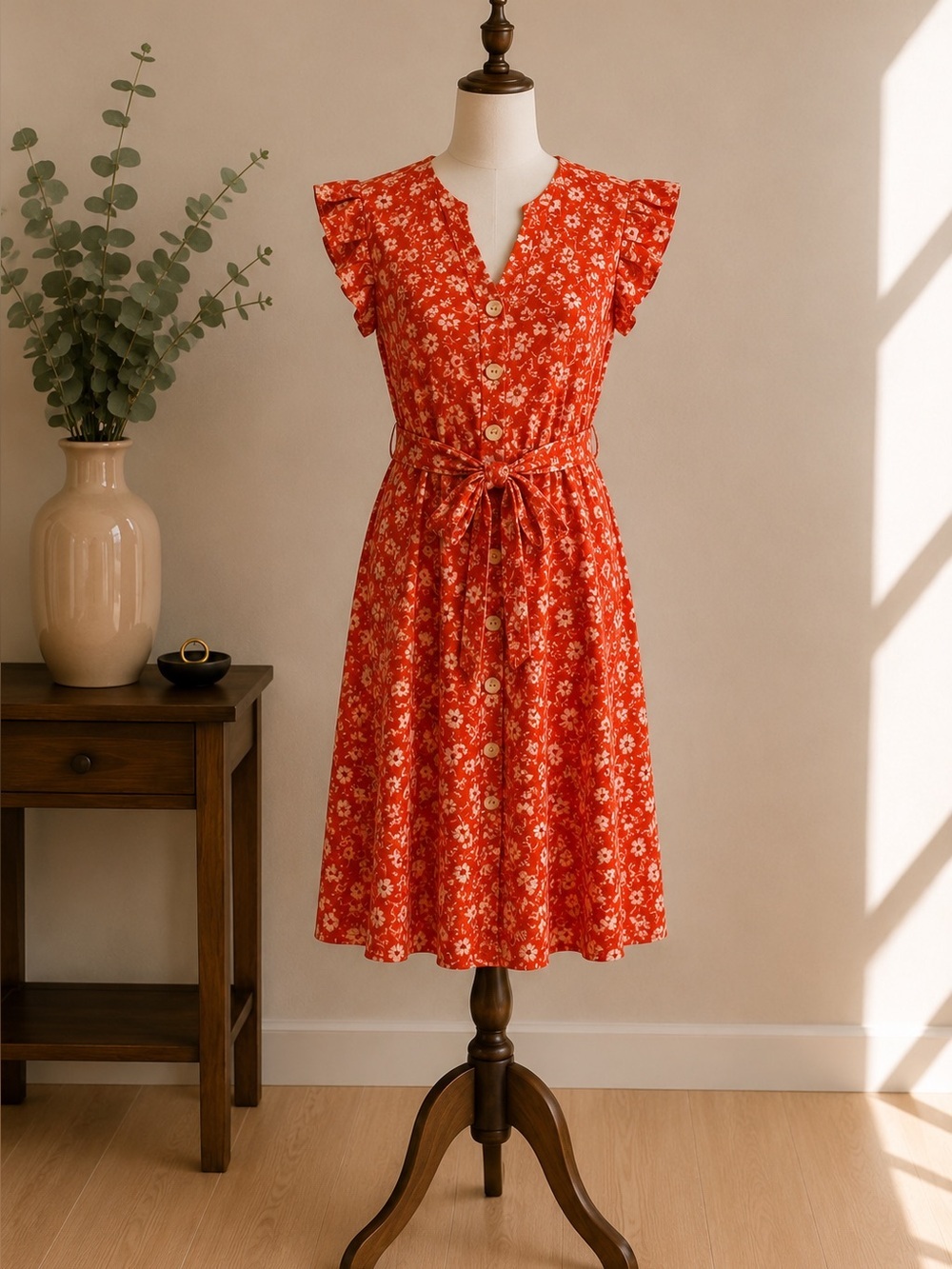Monteau Los Angeles Orange Floral Midi Dress Cottagecore Boho Feminine Size S